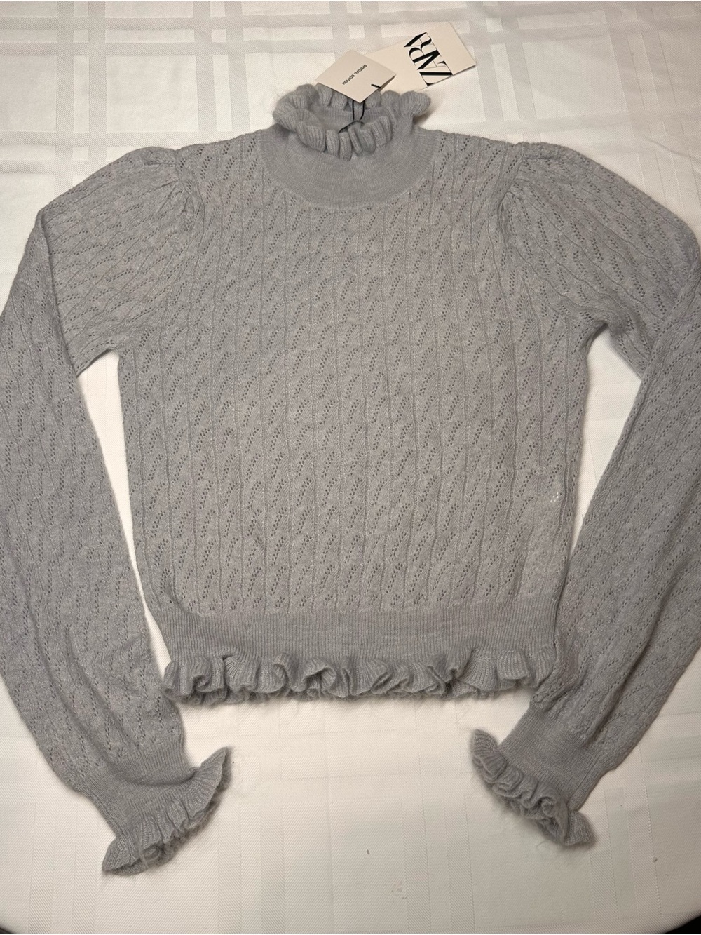 NWT Zara Special Edition Gray Alpaca Blend Ruffle Knit Sweater Small